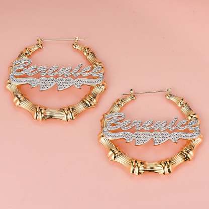 Two Tone Double Heart Hoop Bamboo Personalized Custom Name Earrings Gold Plated-silviax