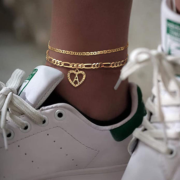 Personalized Layered Heart Initial Anklets with Link Chain-silviax