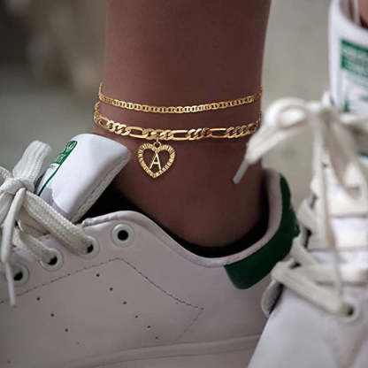 Personalized Layered Heart Initial Anklets with Link Chain-silviax