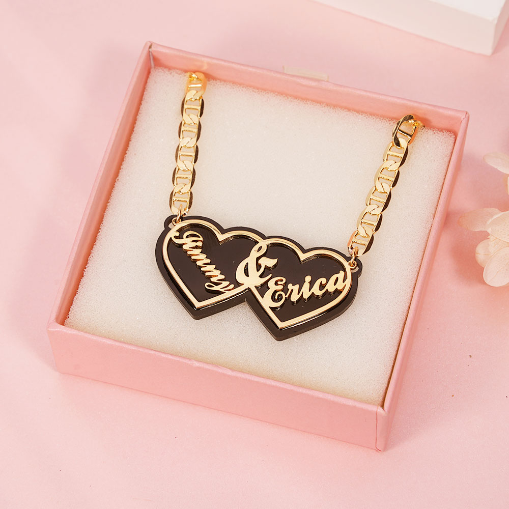Acrylic Double Heart Pendant Personalized Custom Gold Plated Name Necklace Couple Gift-silviax