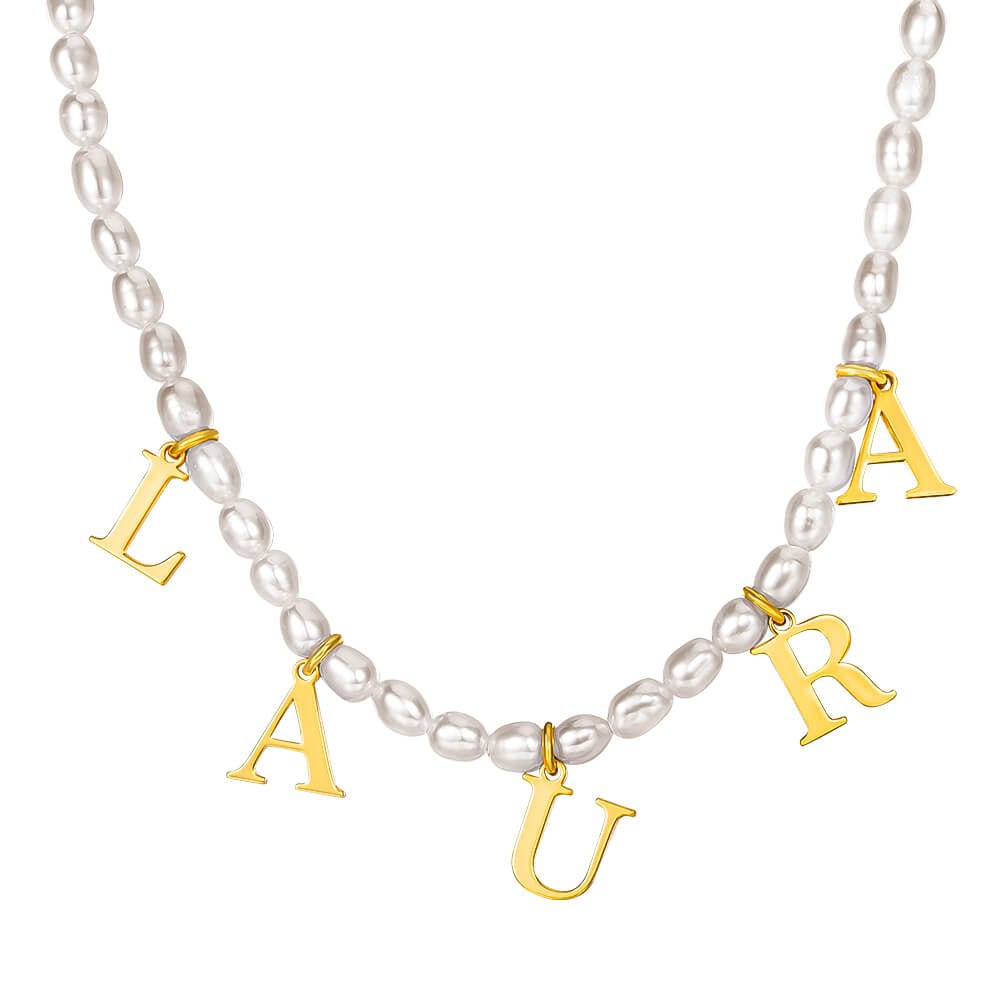 Pearl Chain Capital Letter Personalized Custom Gold Plated Name Necklace-silviax