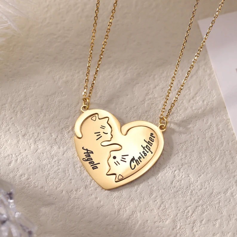 Two Cat Nameplate Puzzle Pendant Personalized Custom Gold Plated Engraved Name Necklace Couple Best Friend Gift