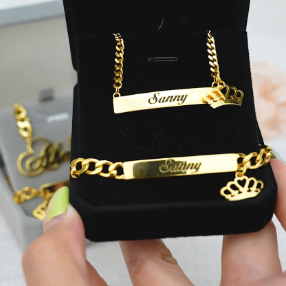 Gold Plated Personalized Custom Engraved Bar Nameplate with Crown Pendant Necklace and Bracelet Set