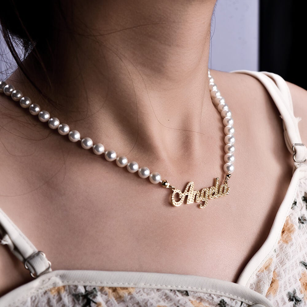 Inlaid Zircon Personalized Custom Name Pearl Necklace-silviax