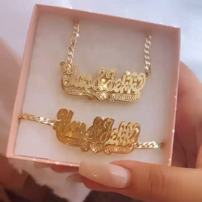 Custom Double Layer Gold Plated Diamond Cut Heart Name Necklace and Bracelet Set