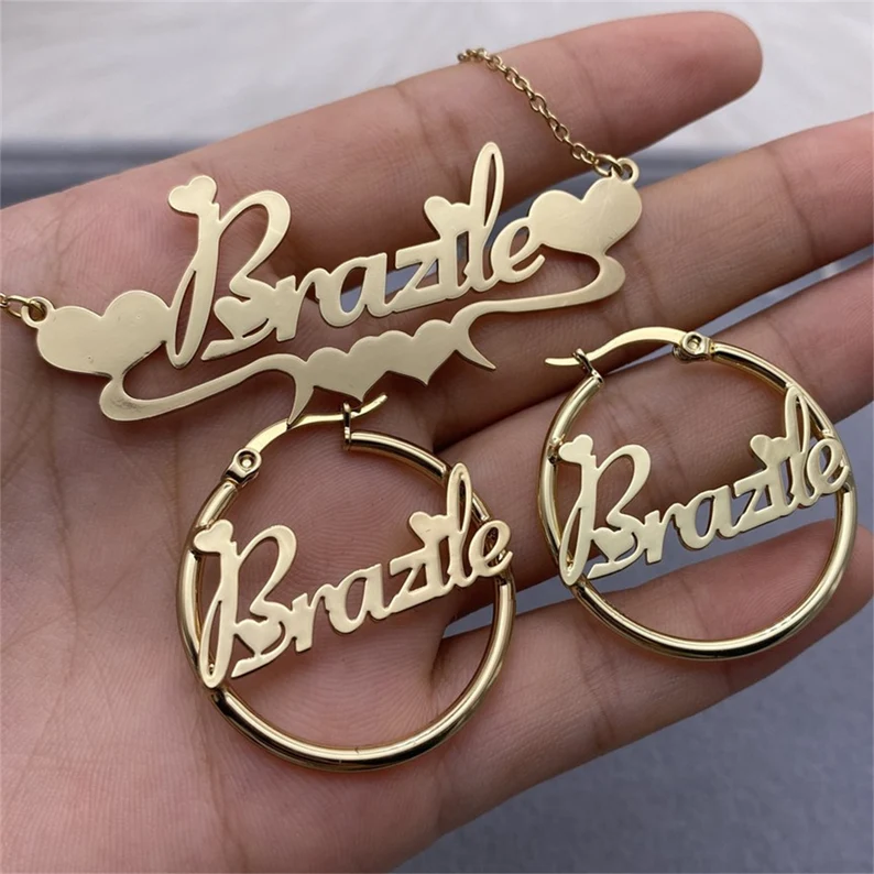 Personalized Gold Plated Minimalist Heart Name Necklace and Hoop Earrings Gift For Women-silviax