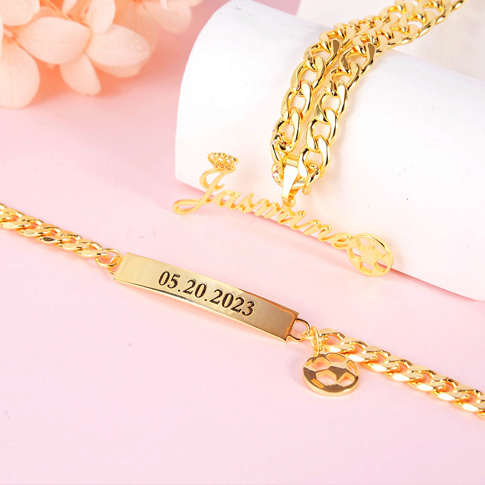 Personalized Kids Football Soccer Crown Name Necklace Engraved Bracelet Set-silviax