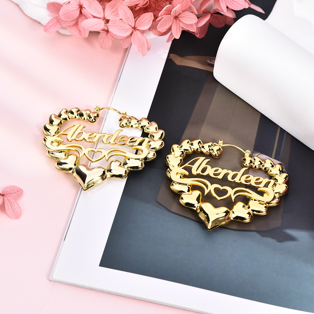 Personalized Custom Heart Shaped Underline Hollow Heart Bamboo Name Earrings-silviax
