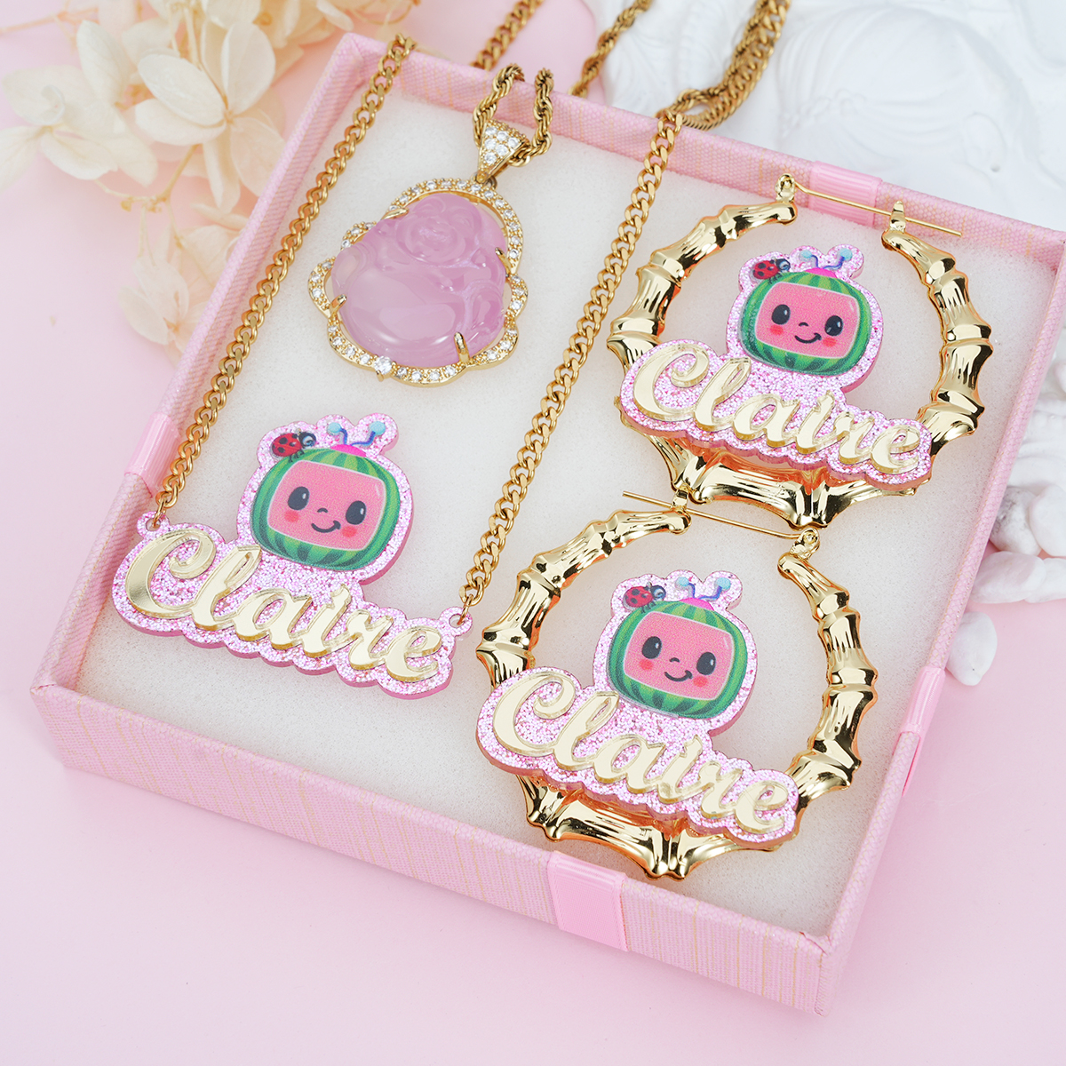 Acrylic Cute Watermelon Nameplate Personalized Jewelry Set 3pcs Buddha Necklace Name Necklace And Bambom Earring