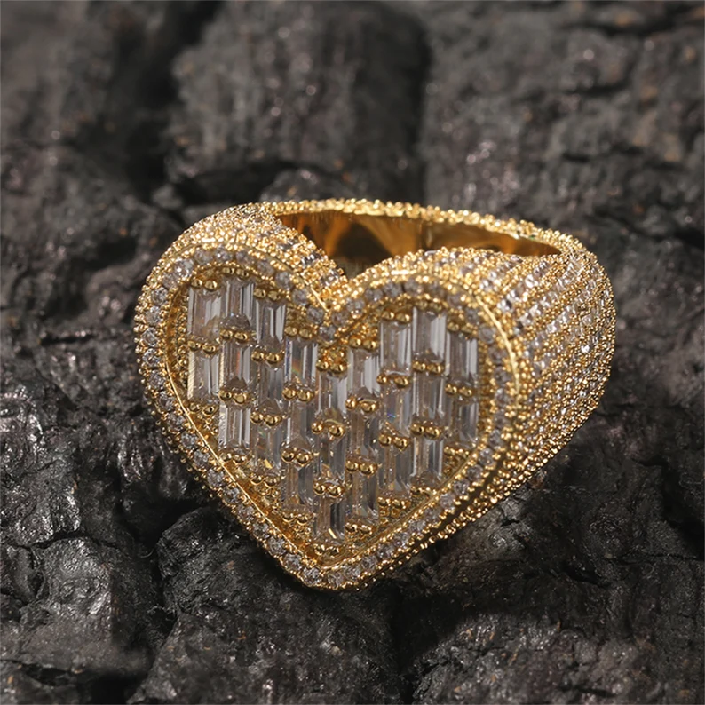 Love Heart Iced Out Diamond Baguette Heart Ring Gold Plated Cubic Zircon Ring Hip Hop Style-silviax