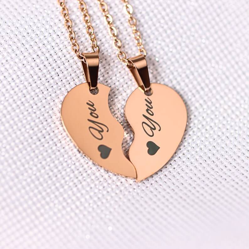Personalised Split Heart Pendant Engraved Couples Necklaces Valentine's Day Gifts -silviax
