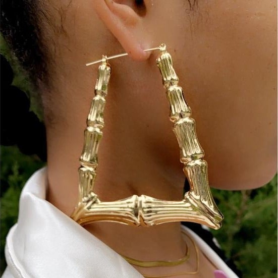 Trapezoid Bamboo Hoop Gold Plated Earrings-silviax