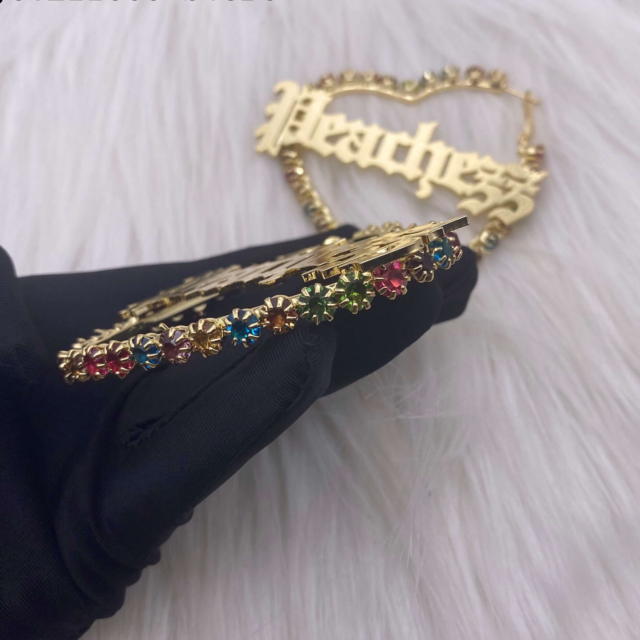 Colorful Zircon Heart Hoop Earrings Personalized Custom Gold Plated Name Earrings-silviax