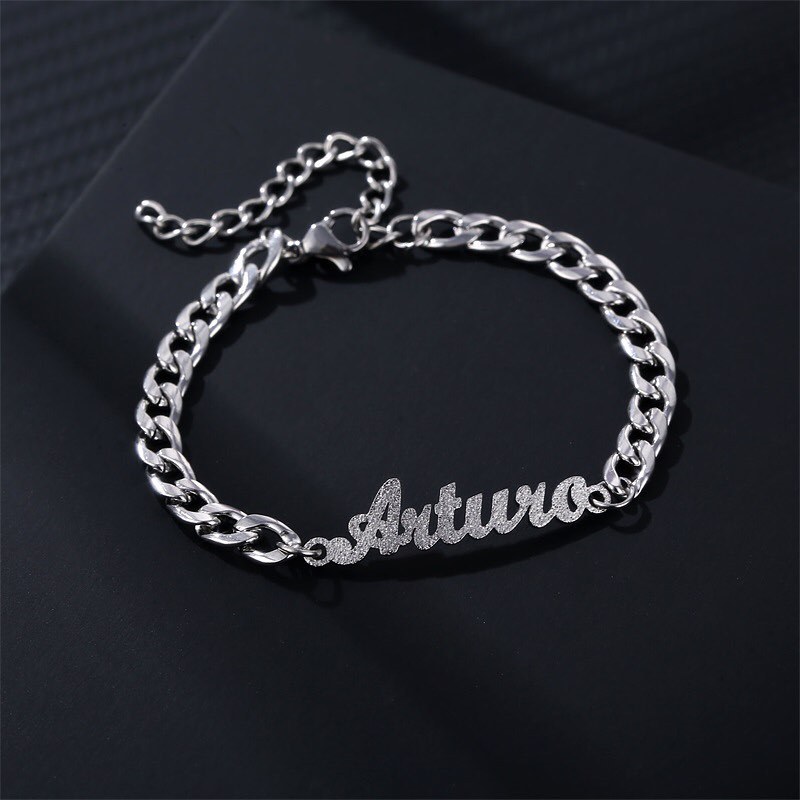 Cuban Chain Customized Bling Bling Frosted Name Chain Bracelet-silviax