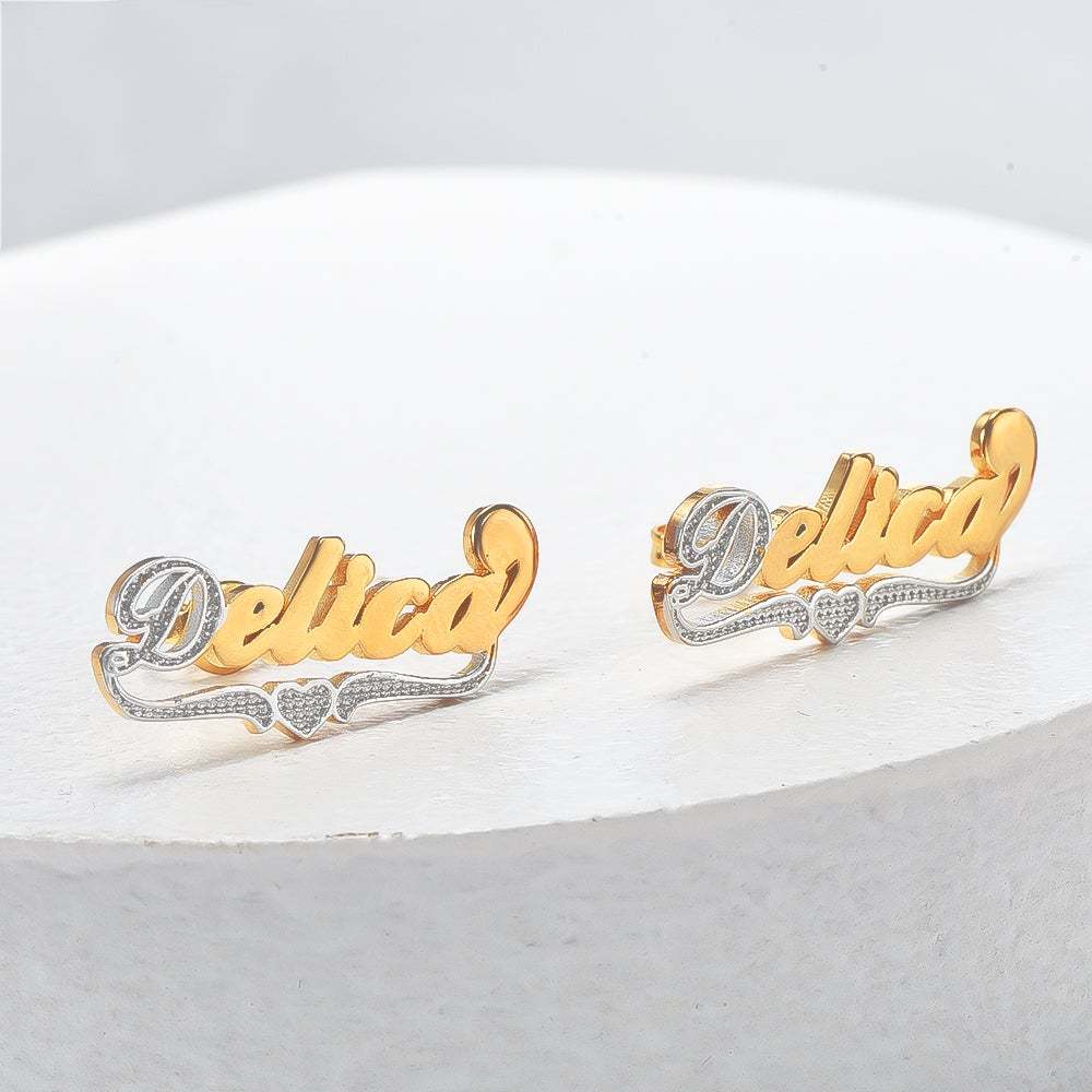Two Tone Heart Gold Plated Personalized Custom Name Earrings-silviax