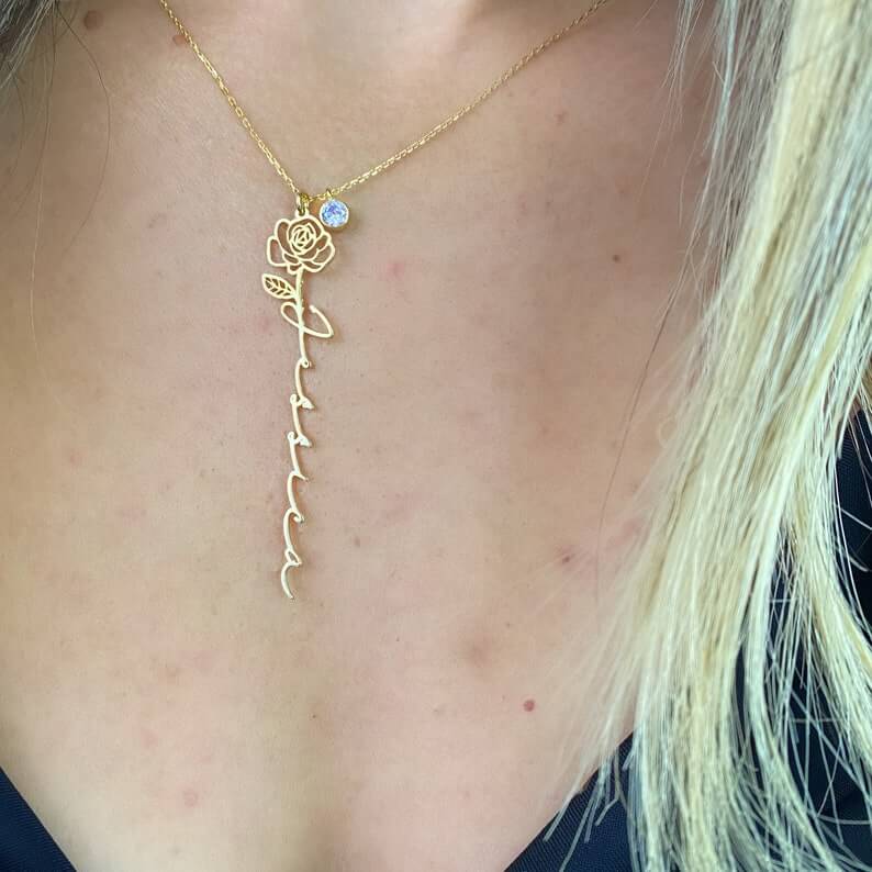 Birth Flower With Birthstone Personalized Custom Gold Plated Name Necklace-silviax