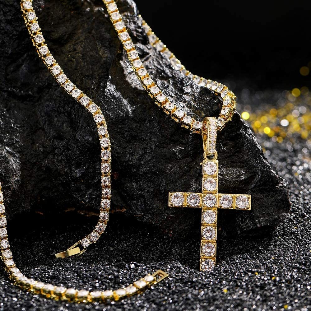 Cross Pendant Necklace Tennis Chain Gold Plated for Men and Women-silviax