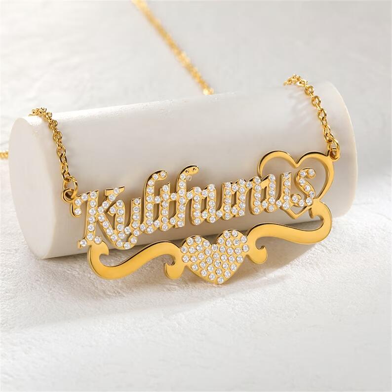 Sparkling Heart Nameplate Pendant Underline Personalized Name Necklace