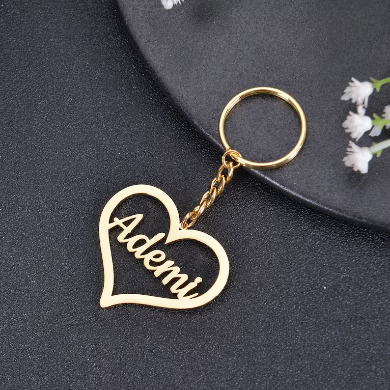Heart Shaped Personalized Gold Plated Name Keychain Keyring-silviax