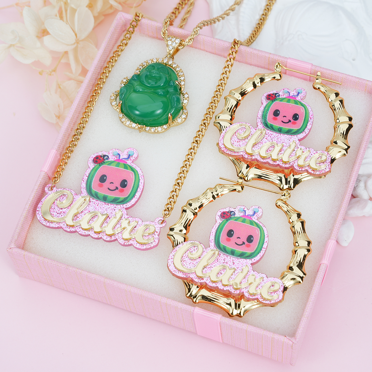 Acrylic Cute Watermelon Nameplate Personalized Jewelry Set 3pcs Buddha Necklace Name Necklace And Bambom Earring