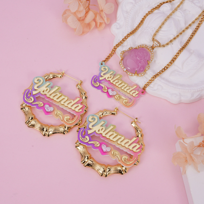 Pink Buddha Necklace Colorful Acrylic Heart Name Necklace and Bamboo Earrings Set 3pcs