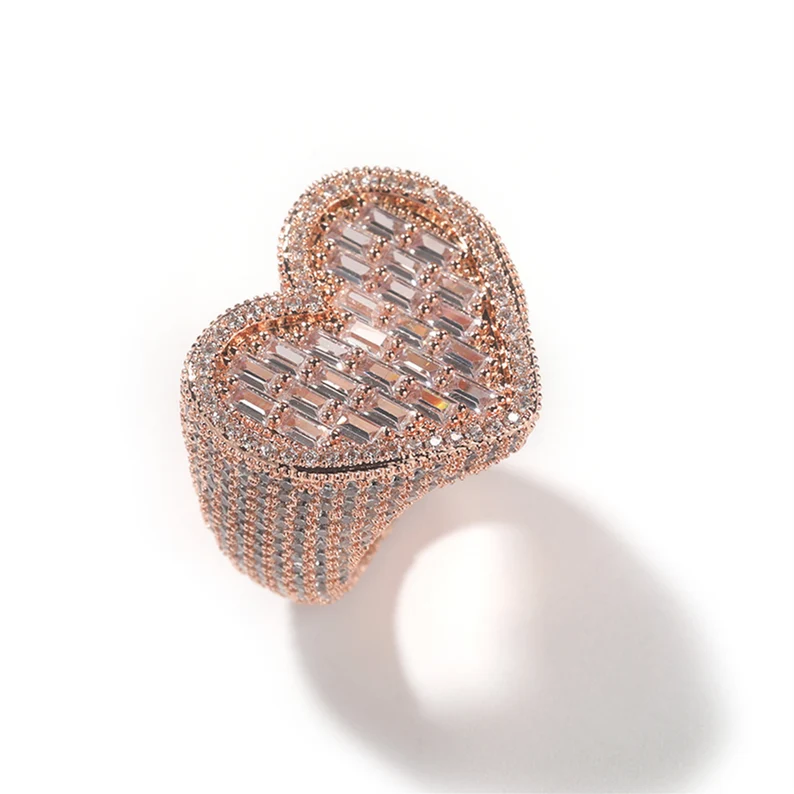 Love Heart Iced Out Diamond Baguette Heart Ring Gold Plated Cubic Zircon Ring Hip Hop Style-silviax