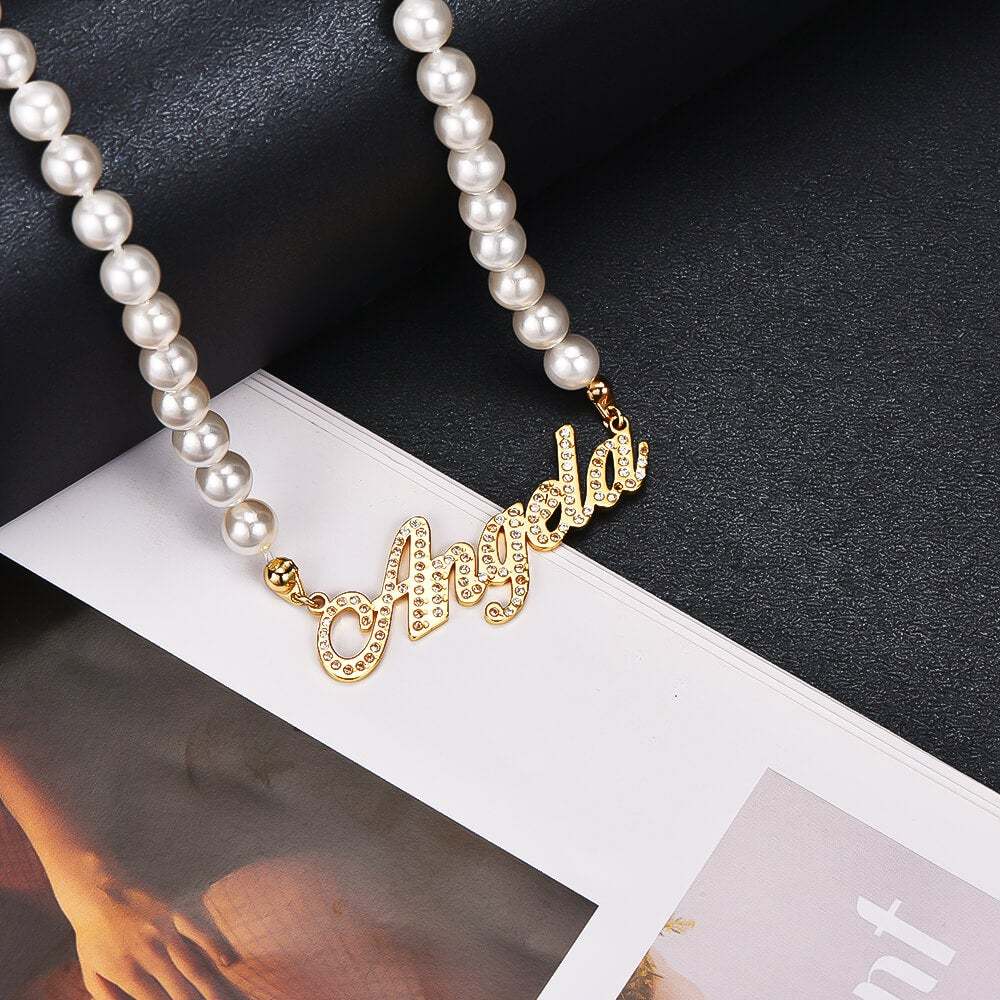 Inlaid Zircon Personalized Custom Name Pearl Necklace-silviax