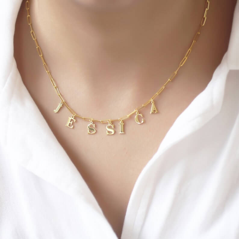 Paperclip Chain Hanging Capital Letter Personalized Custom Gold Plated Name Necklace-silviax