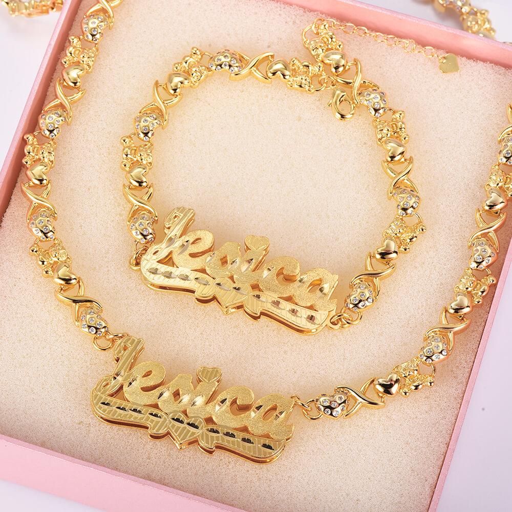 Teddy XOXO Chain Double Layer Heart Personalized Custom Gold Plated Name Necklace and Bracelet Set-silviax