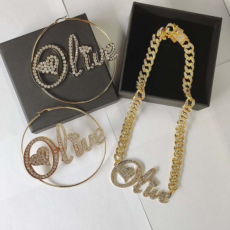 Icy Out Cuban Chain Personalized Gold Plated Name Necklace with Heart 