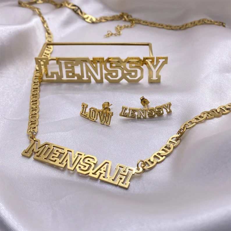 Hollow Letter Nameplate Jewelry Set Personalized Name Necklace Ring and Stud Earrings-silviax