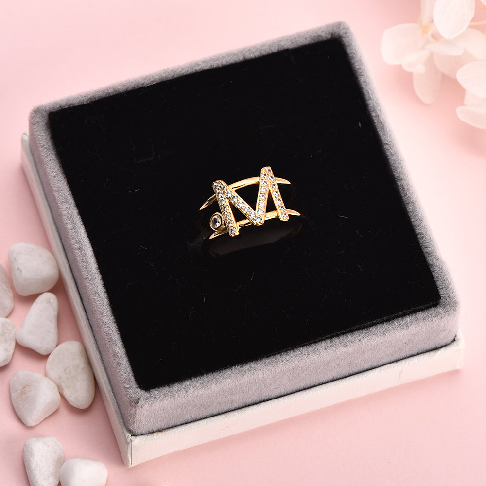 Rhinestone Personalized Custom Gold Plated Initial Ring with Birthstone-silviax