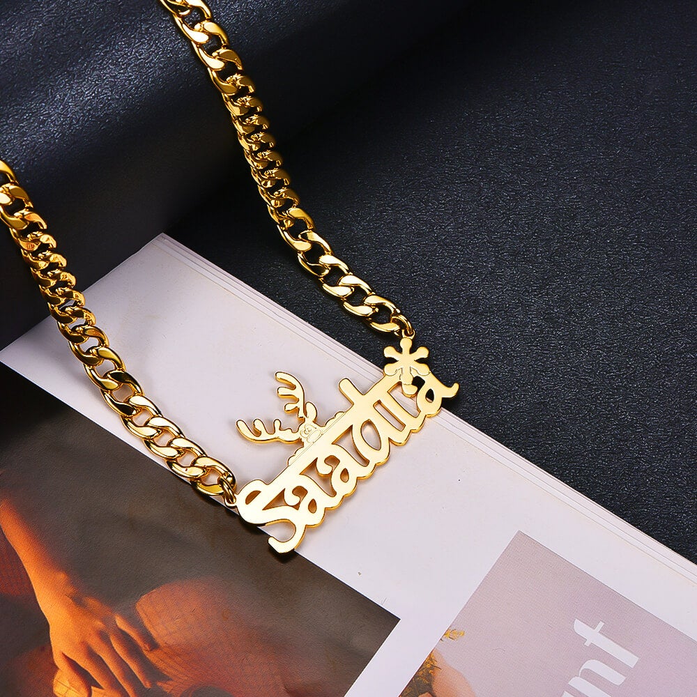 Elk And Snowflake With Cuban Chain Personalized Custom Gold Plated Name Necklace-silviax