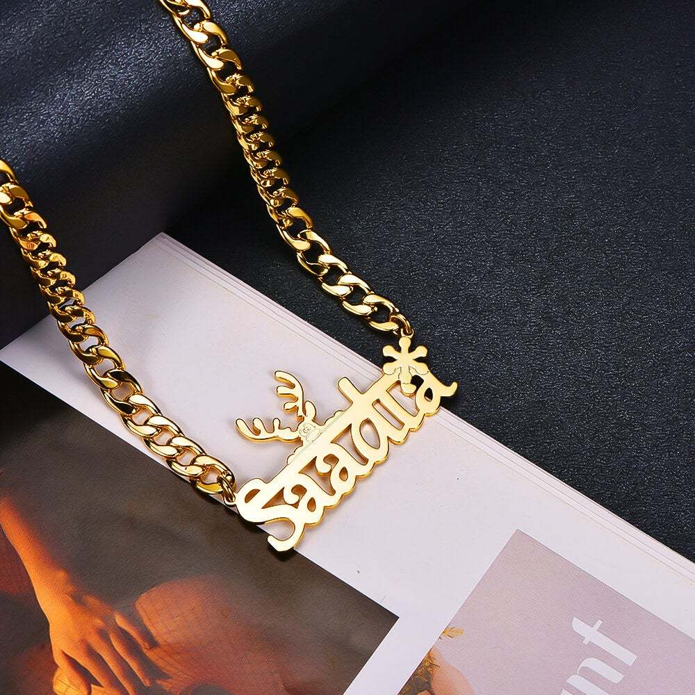 Elk And Snowflake With Cuban Chain Personalized Custom Gold Plated Name Necklace-silviax