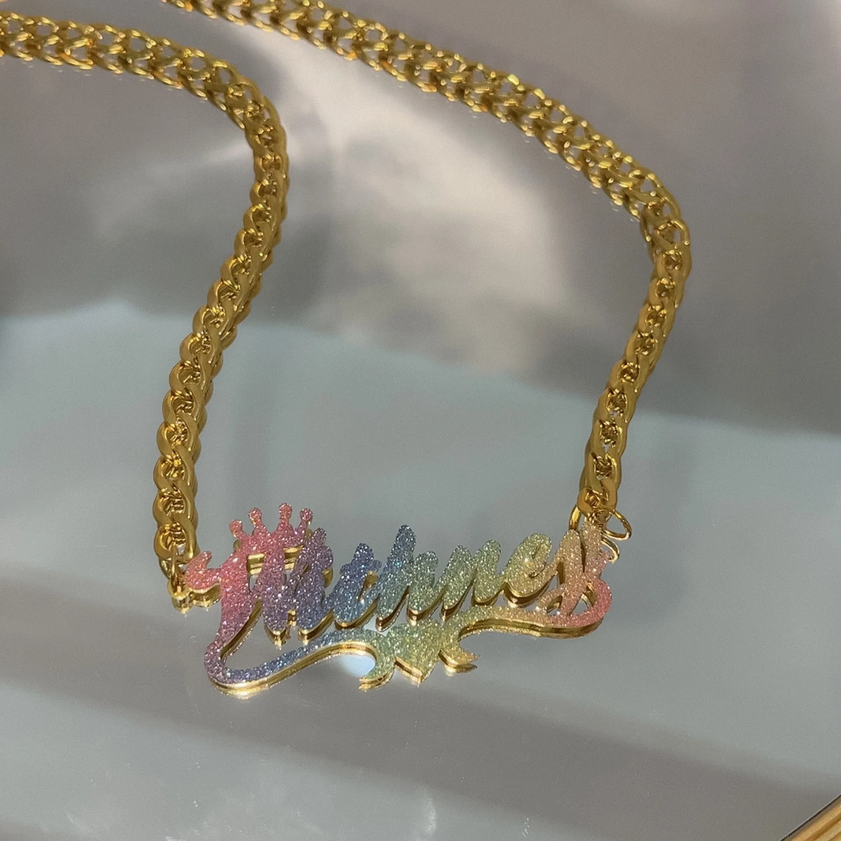 Personalized Cuban Chain Colorful Crown Name Necklace with Heart-silviax