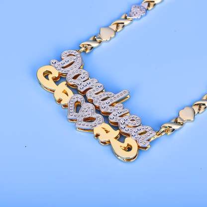 Double Layer Two Tone Hollow Heart with XOXO Heart Chain Personalized Custom Name Necklace-silviax