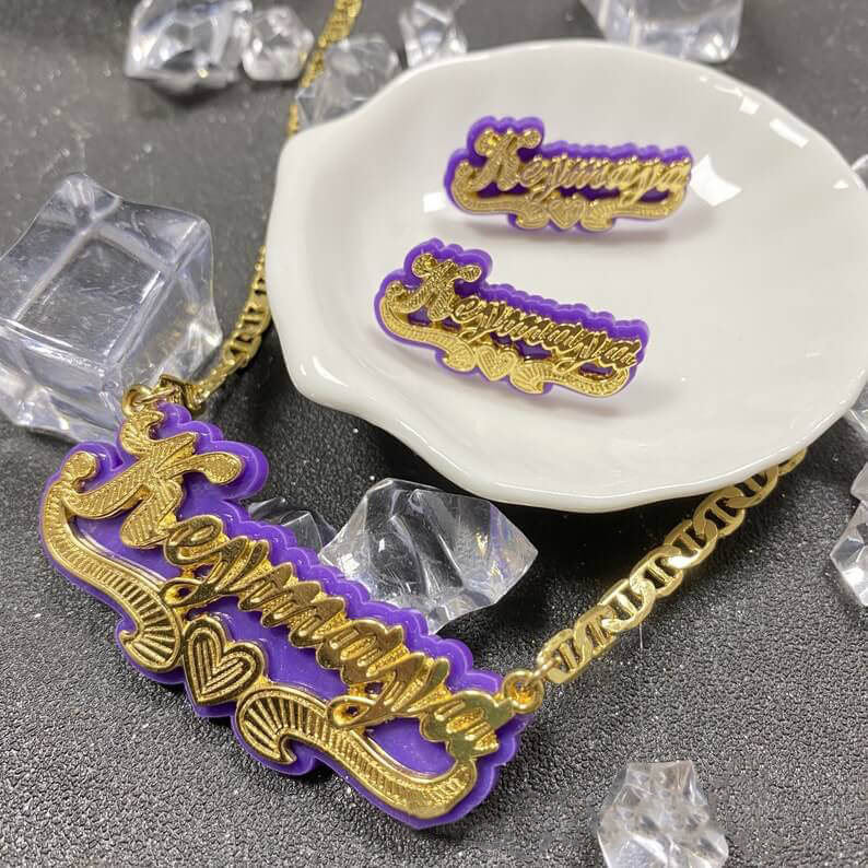 Purple Acrylic with Heart Double Layer Personalized Custom Gold Plated Name Necklace And Name Stud Earring Set-silviax