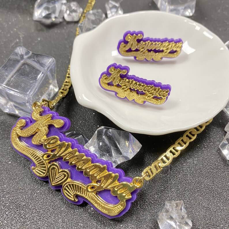 Purple Acrylic with Heart Double Layer Personalized Custom Gold Plated Name Necklace And Name Stud Earring Set-silviax