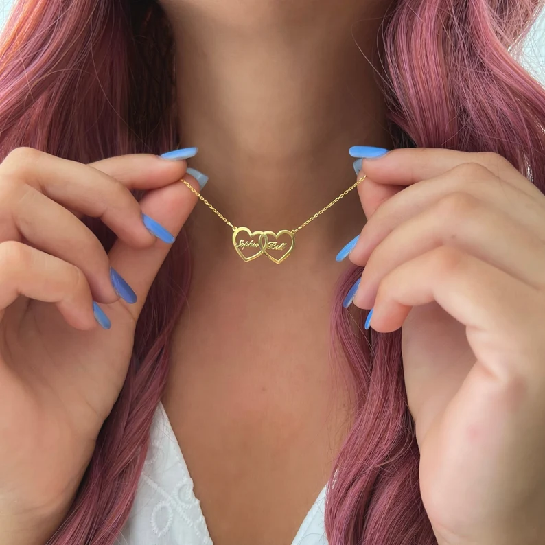 Double Heart Nameplate Pendant Personalized Custom Gold Plated Name Necklace Couple Gifts-silviax