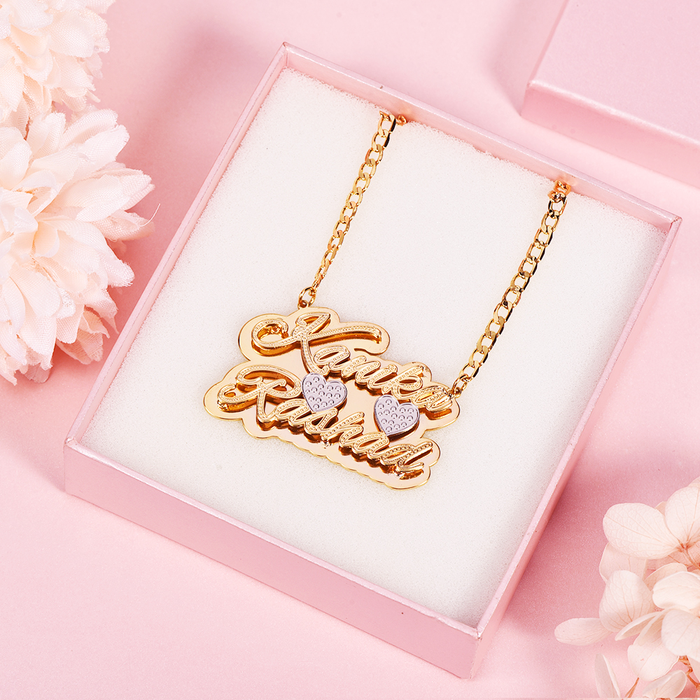 Double Plate Two Tone with Two Hearts Personalized Custom Gold Plated Two Names Necklace-silviax