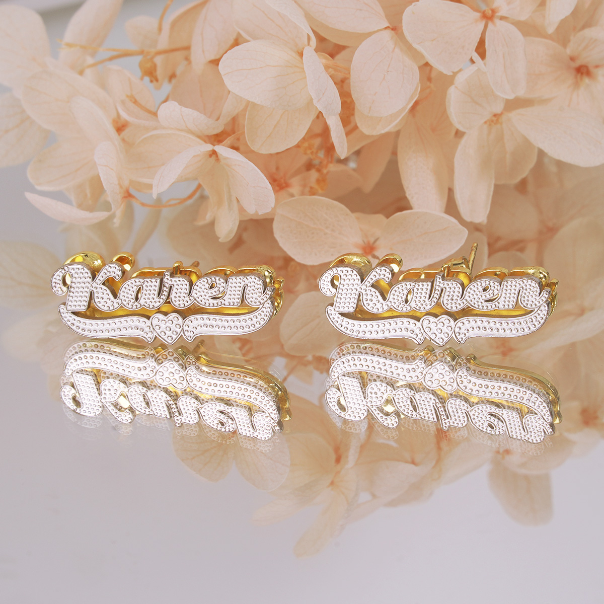 Double Layer Two Tone Nameplate with Heart Personalized Custom Gold Plated Name Earrings-silviax
