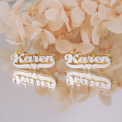 Double Layer Two Tone Nameplate with Heart Personalized Custom Gold Plated Name Earrings-silviax