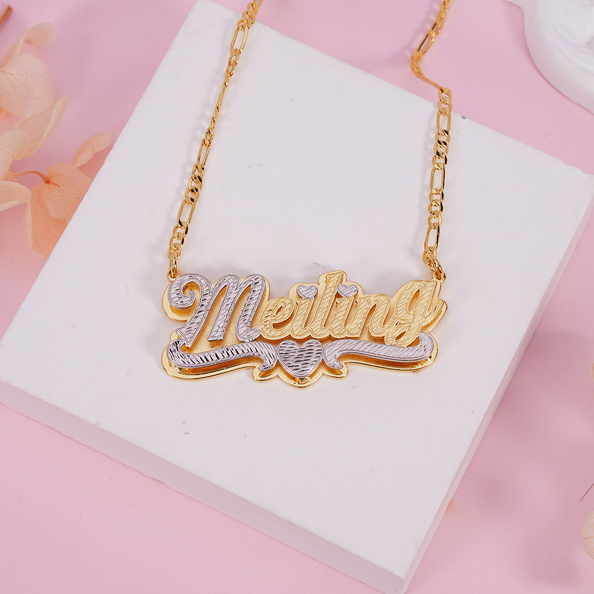 Two Tone Double Layer Gold Plated Personalized Custom Heart Nameplate Necklace