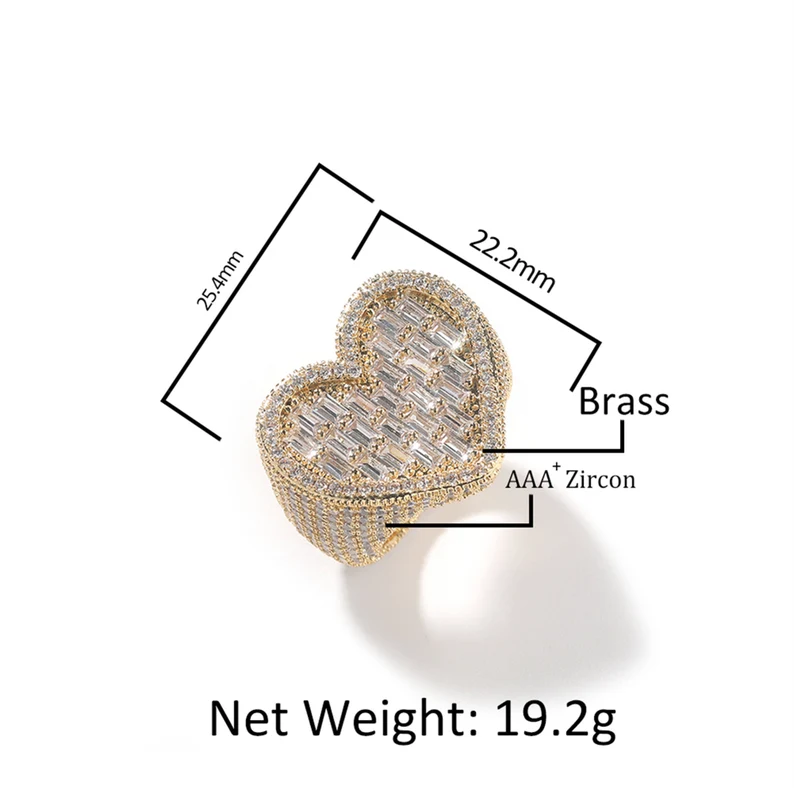 Love Heart Iced Out Diamond Baguette Heart Ring Gold Plated Cubic Zircon Ring Hip Hop Style-silviax