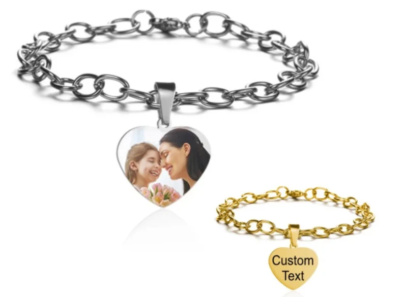 Personalized Custom Gold Plated Heart Photo Pendant Engraved Bracelet-silviax