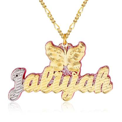 Double Plate Acrylic Two Tone Gold-plated Butterfly Personalized Custom Name Necklace-silviax
