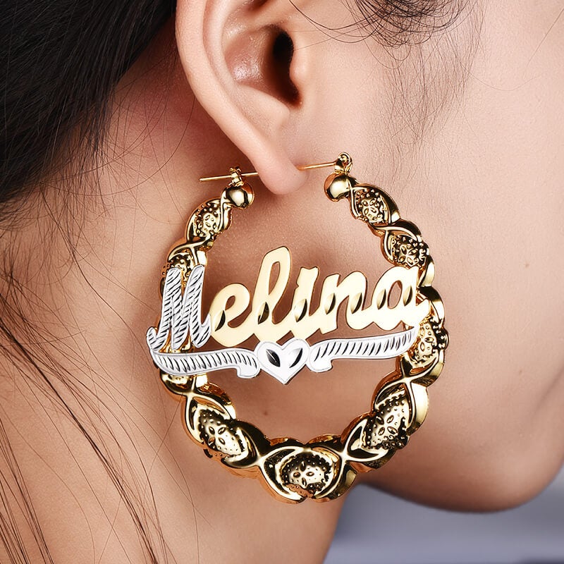 Two Tone XOXO Bamboo Earrings with Heart Personalized Custom Gold Plated Name Earrings-silviax