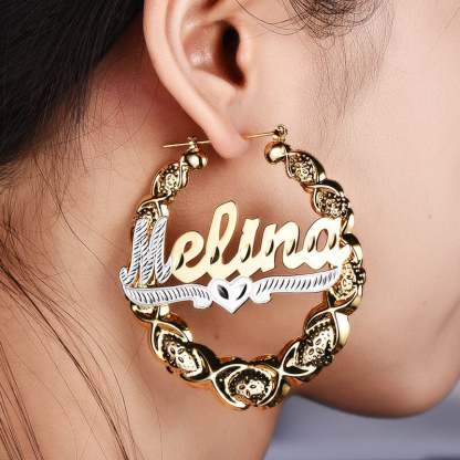 Two Tone XOXO Bamboo Earrings with Heart Personalized Custom Gold Plated Name Earrings-silviax