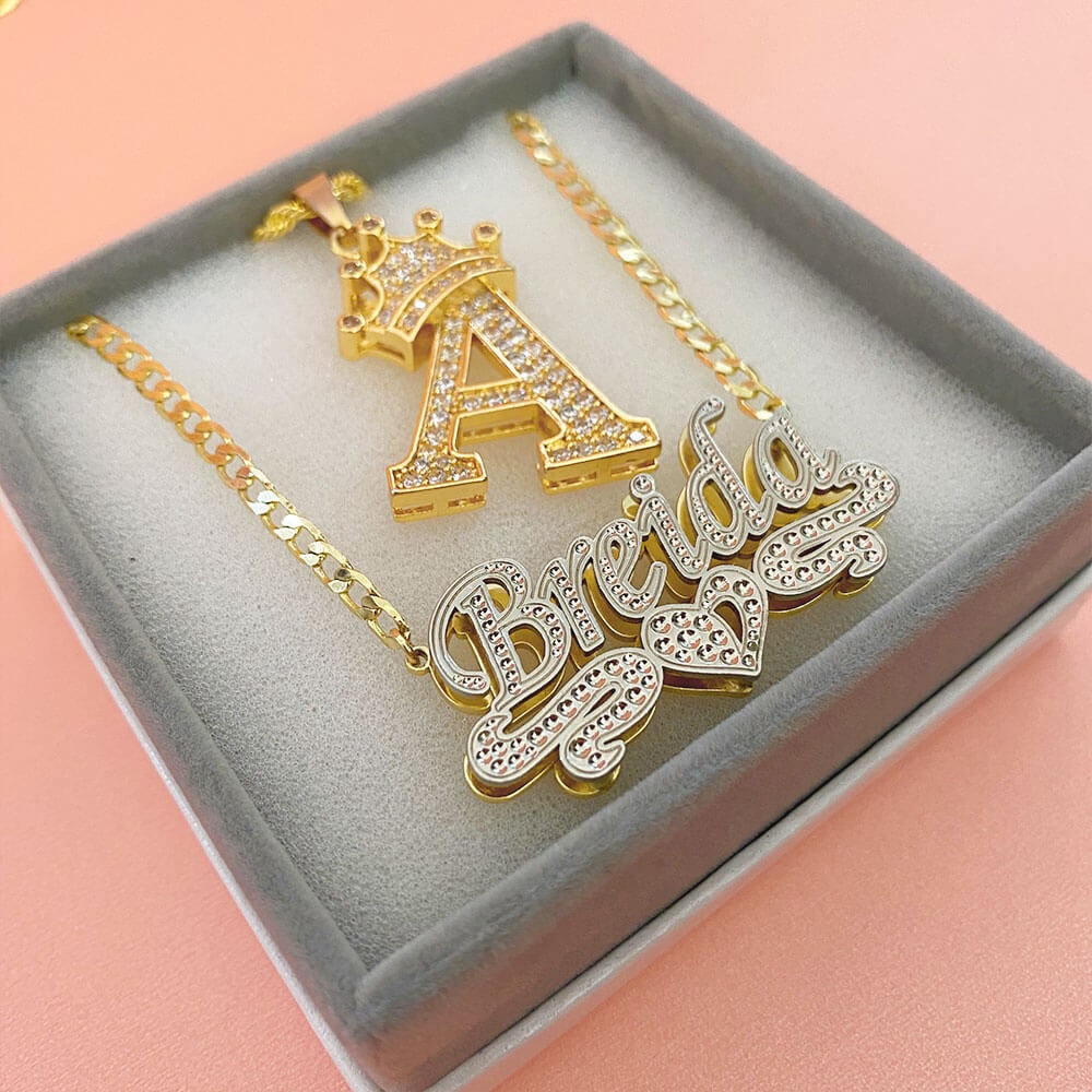 Crown Initial Necklace And Double Layer Two Tone With Heart Personalized Jewelry Set-silviax
