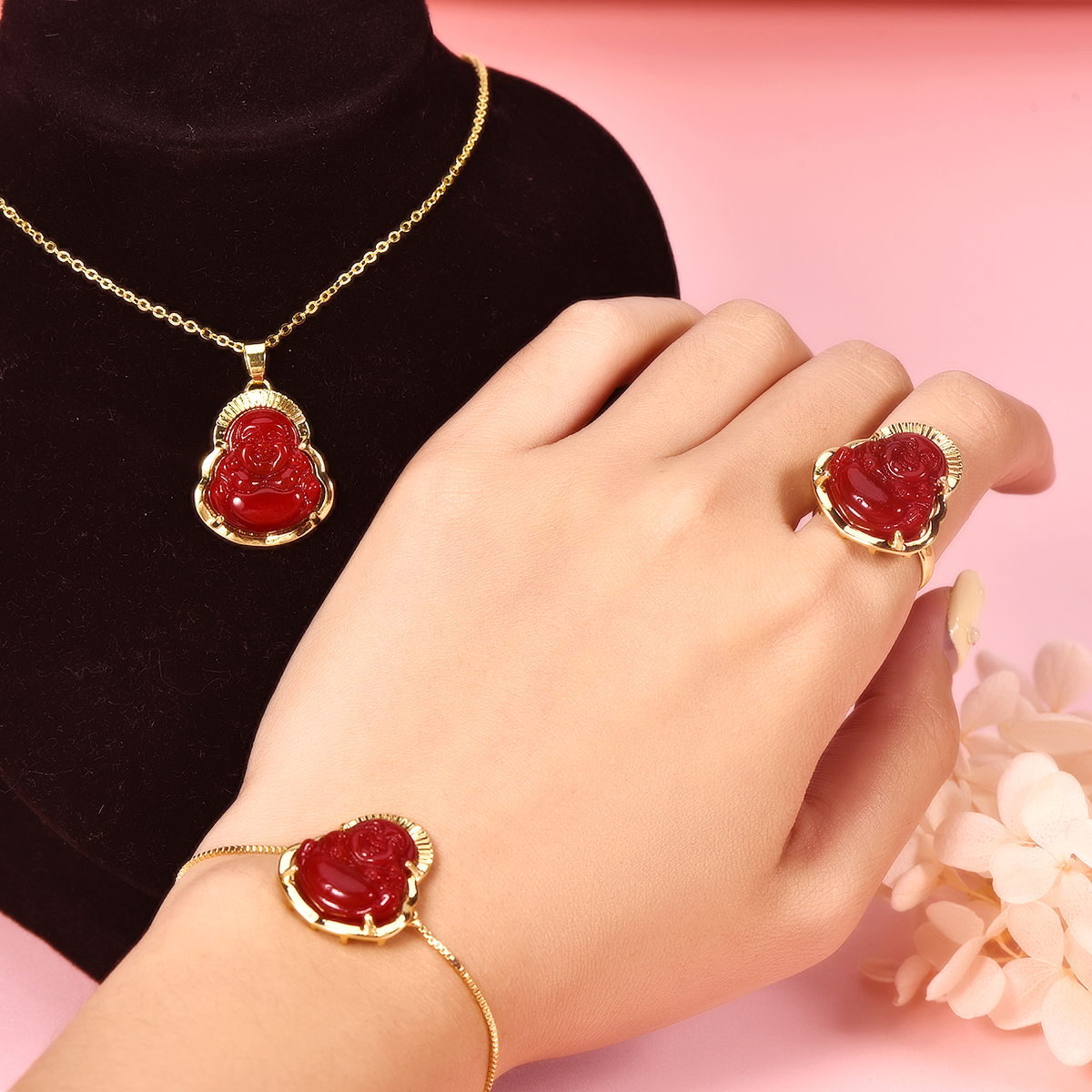 Smile Maitreya Buddha Pendant Jewelry Set Necklace and Adjustable Bracelet Ring 3pcs Gift For Mom-silviax